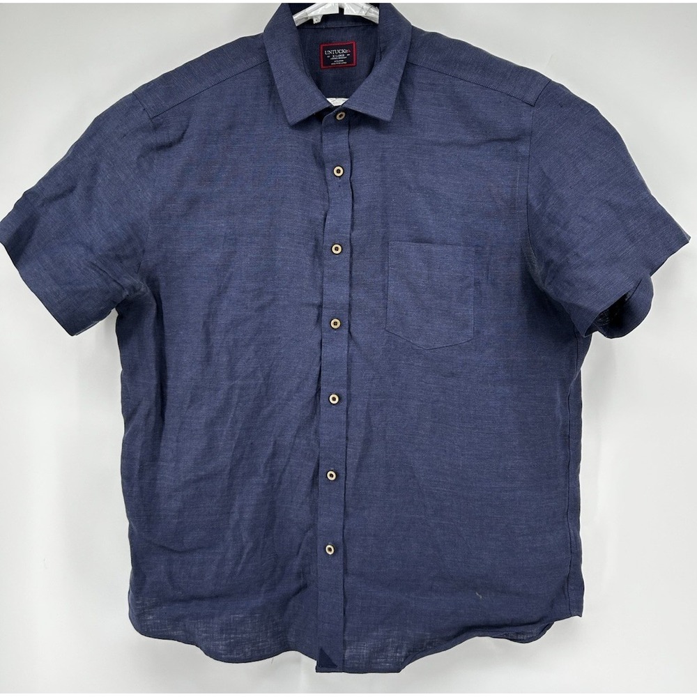 Untuckit Wrinkle Resistant 100% Linen Short Sleeve Button Down Dark Blue XL